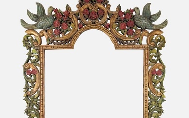 Huge 8' Polychrome Paint Decorated Carved Wood Mirror/Headboard Frame w/Dove Birds-Scrolling Roses
