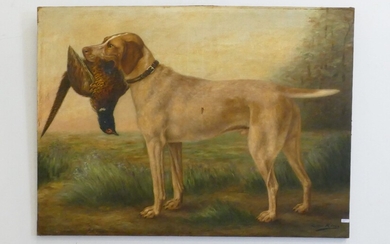 Huile sur toile signée Zélia Klerx "Chien de chasse" (manque) 73 x 100cm