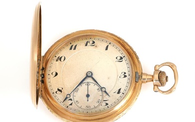 Hunter case pocket watch of 14k gold. Lever escapement and crown-winding. Engraved...