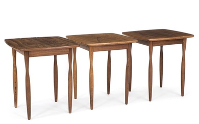 Ib Kofod-Larsen: A set of three Brazilian rosewood side tables, mounted on “curvy” legs. Made by Christensen & Larsen Cabinetmakers.