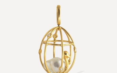 Ico & the Bird Baroque Pearl, Tanzanite, Diamonds 'Caged Bird' 18k Gold Pendant