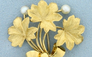 Italian Made Flower Design Akoya Pearl Pin in 18K Yellow Gold