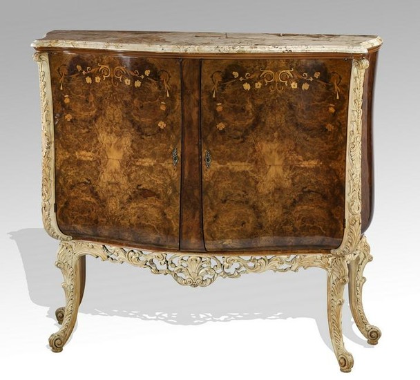 Italian burl and marquetry inlaid marble top buffet