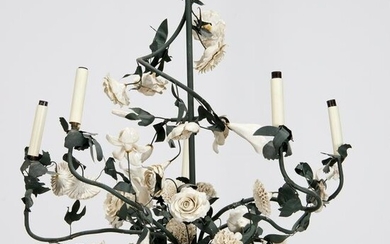Italian tole & porcelain rose bush chandelier
