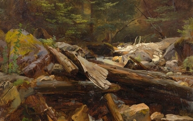 JOHANN GOTTFRIED STEFFAN(Wädenswil 1815-1905 Munich)Ruisseau forestier avec troncs d'arbres. Vers 1853.Huile sur papier sur bois.31...
