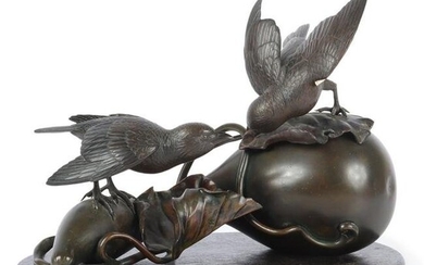 SIGNED Japanese Meiji bronze gourd form censer, birds