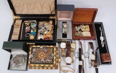 Jewellery box containing rings, brooches, bead necklaces etc, other boxes, silver charm bracelet and various wristwatches