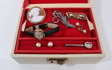 Jewellery box containing vintage 9ct rose gold cased Rotary wristwatch, cameo brooch etc