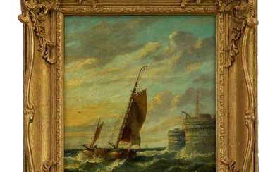 John Moore of Ipswich (1820-1902) oil on panel - Fishing Boat off the Harbour, 27cm x 21.5cm, in gilt frame