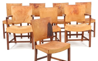 Kaare Klint: Set of eight dining chairs of Cuban mahogany, hereof two armchairs. Upholstered with natural leather. (8)
