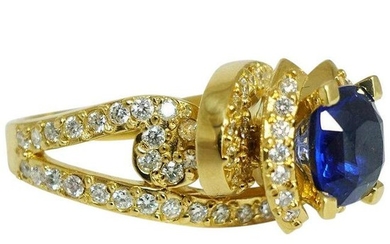 Kashmir Sapphire Diamond Ring High Setting 18K Yellow