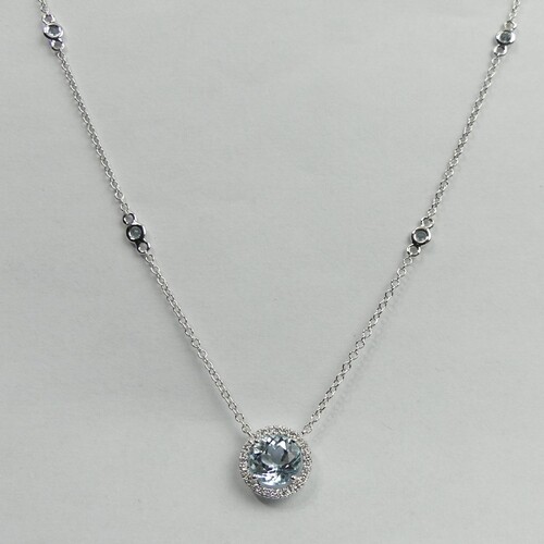 Kiki 18 carat white gold aquamarine diamond halo pendant nec...