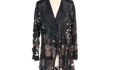 Kushi Leather and Mesh Floral Appliqué Open Front Jacket