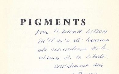 L.-G. Damas. Autograph on his poetry book “Pigments”, 1962, in French
