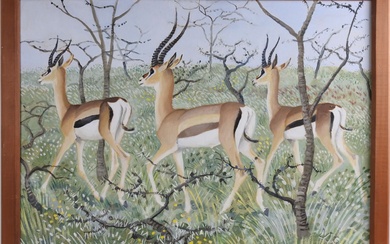 L. GRANT (XXe). Gazelles. Huile sur panneau d'isorel monogrammée en bas à droite. 61,5 x...