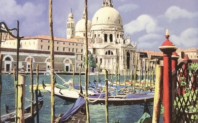 LG Borelli, oleograohic Venetian coloured print, titled to verso Chiesa...