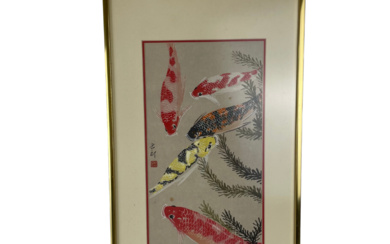 六郎 水彩画 LIU LANG CHINESE INK AND COLOUR PAINTING OF KOI FISHES