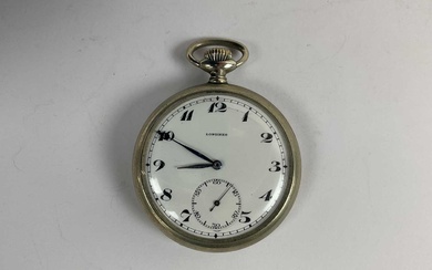 LONGINES; a open face pocket watch with white enamel dial...