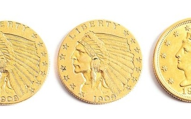 LOT OF 3: 1909 $2 - 1/2 INDIAN, 1908 $2 - 1/2 GOLD INDIAN, AND 1905 $2 - 1/2 LIBERTY HEAD.