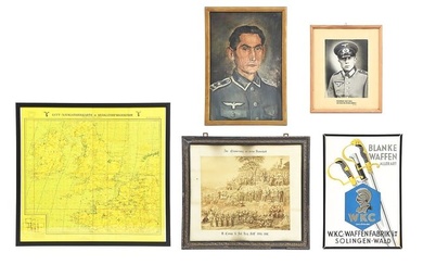 LOT OF 5: GERMAN WWII FRAMED LUFTWAFFE MAP, PORTRAITS, AND WKC SWORD ADVERTISEMENT.
