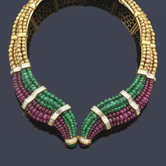 LUIS GIL Semi-rigid necklace with emeralds, rubies and
