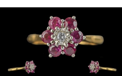 Ladies Pleasing 18ct Gold Ruby and Diamond Set Cluster Ring,...