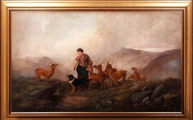 Landscape with shepherdess, dog and fawns mid 19th centuryoil painting on canvasin frame78 x 128 cm