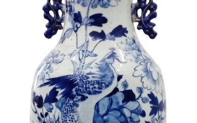 Large Antique Chinese Qing Peacock 16 Inch Blue White Porcelain Handled Vase