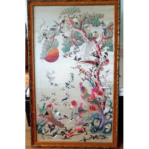 Large Framed early 20th Century Chinese Embroidered Silk Pan...