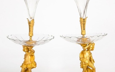 Large Pair Of French Bronze Figural Glass Epergnes
