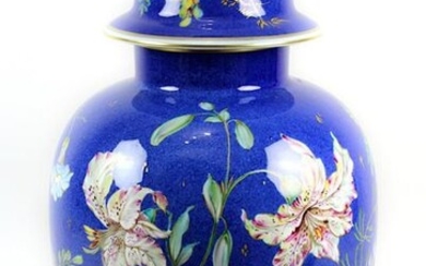 Large vase with lid, Rosenthal porcelain, 1946, designed by Walter Mutze, decorated with gold and coloured decoration, with lilies, golden rain and winds on a blue sponge background, green stamp on the bottom, with the addition "Orig. Entw. Mutze" and...