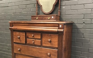 Late 19th Century Cedar Chest of Eight Drawers with mohogany toilet mirror, the chest with cushion, two deep, two short and three l...