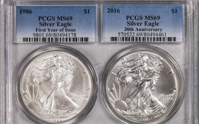 Lot of 1986 & 2016 $1 American Silver Eagle 30th Anniversary 2 Coin Set PCGS MS69