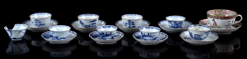 Lot of porcelain bowls and saucers with blue decor