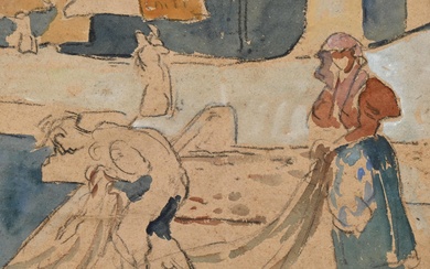 Louis VALTAT (1869-1952) "Scène de ravaudage", Aquarelle et fusain, monogrammé en bas à gauche, 26,5...