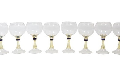 Ludovic Guittet (French), Set of Eight Blown Wine Glasses, 20th c., the clear glass bowl on colored