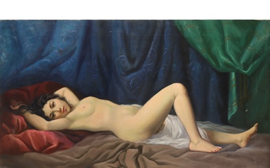 Luigi Bianchi - Nudo di donna adagiata tra tessuti policromi, primi 20° secolo