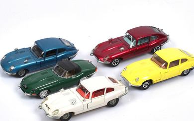 MODEL CARS, 5 pcs, metal/resin, Jaguar E-type, various manufacturers, scale 1:43.