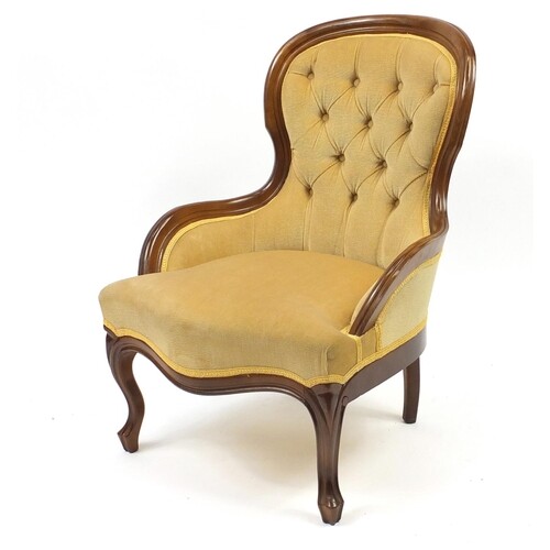 Mahogany framed bedroom chair with gold button back upholste...