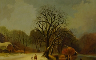 Manner of Andreas Schelfhout, mid-late 20th century- Figures in a frozen river landscape with woodland; oil on panel, signed 'J P Aeres', 40 x 50 cm (unframed)