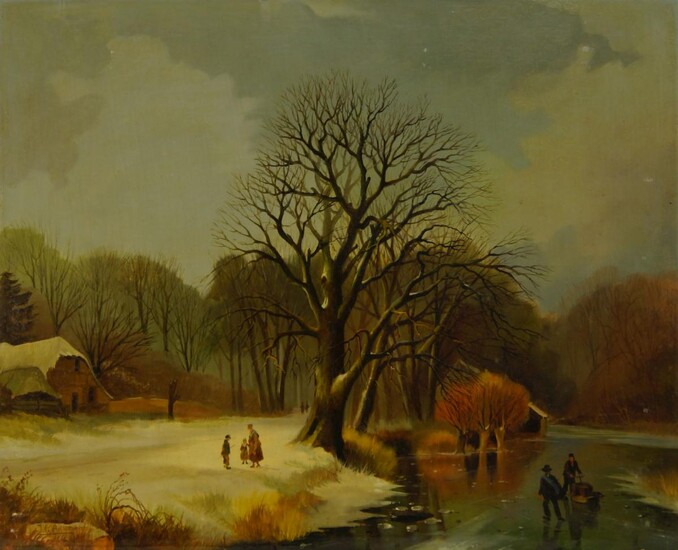 Manner of Andreas Schelfhout, mid-late 20th century- Figures in a frozen river landscape with woodland; oil on panel, signed 'J P Aeres', 40 x 50 cm (unframed)
