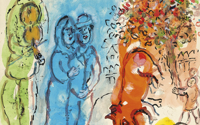 Marc Chagall (1887-1985) Musiciens à la campagne autour des boucs bleu et rouge