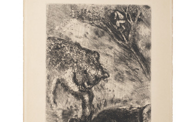 Marc Chagall ( Vitebsk 1887 - Saint Paul De Vence 1985 ) , "L'Ours et les deux Campagnons da "Les Fables de la Fontaine"" etching cm 30x24 (plate) Signed and numbered 63/100 Provenance...
