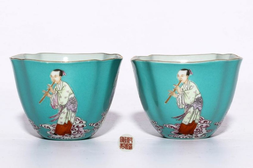 Matched Pair Famille Rose Figures Cups