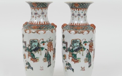 Matched pair of Chinese famille verte rouleau vases, 19th Ce...
