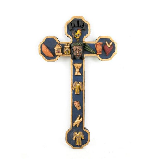 Mexican Folk Art Wood Carved Blue and Gold INRI Cross