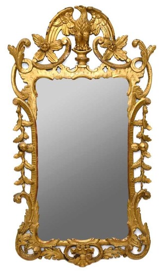 Mid-18th century Chippendale style pierced giltwood wall mirror with eagle cresting, 107 x 63cm