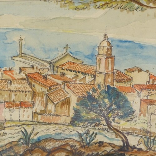 Mid-20th century watercolour, view over a Continental town, ...