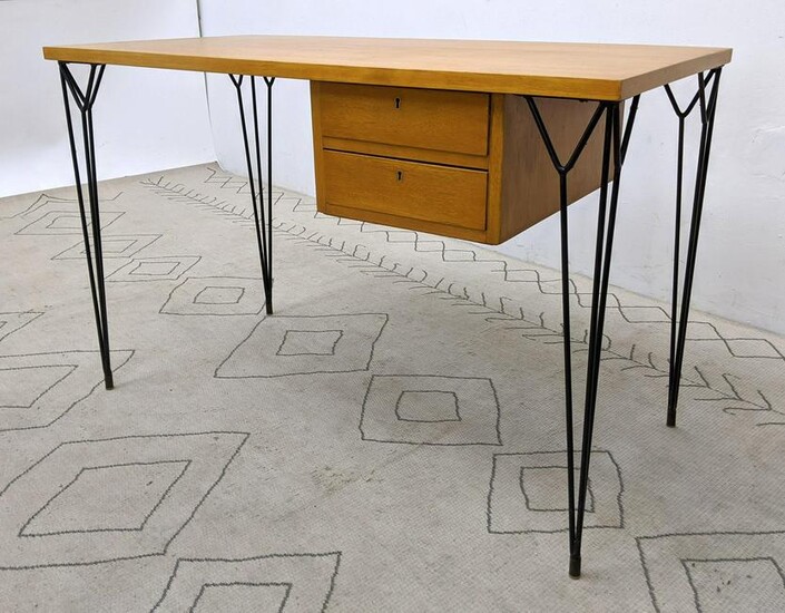 Mid Century Modern Desk with Intricate Hairpin Iron Leg