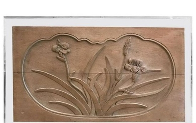 Mid-Century Modern Floral Caved Oak Relief Mounted on